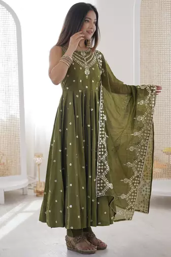 mehendi silk blend  readymade anarkali suit with embroidery & sequence work