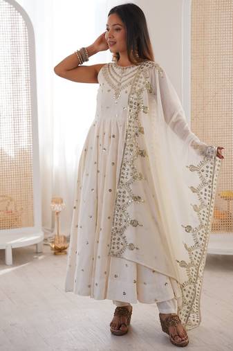 white silk blend  readymade anarkali suit with embroidery & sequence work