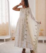white silk blend  readymade anarkali suit with embroidery & sequence work