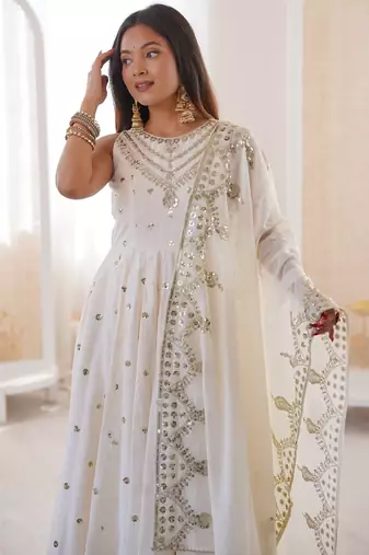 white silk blend  readymade anarkali suit with embroidery & sequence work