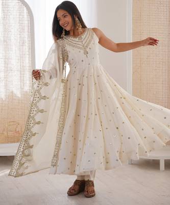white silk blend  readymade anarkali suit with embroidery & sequence work 3