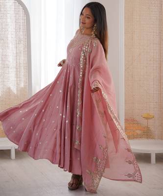 pink silk blend  readymade anarkali suit with embroidery & sequence work 5