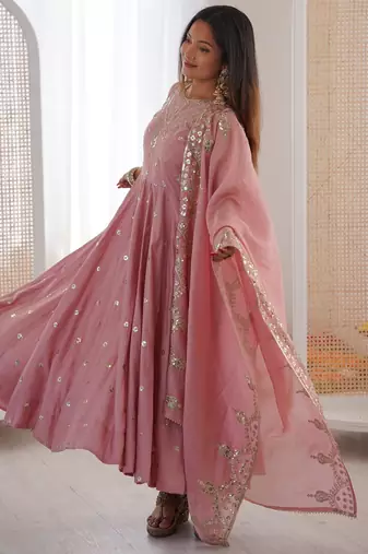 pink silk blend  readymade anarkali suit with embroidery & sequence work