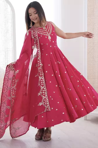 rani silk blend  readymade anarkali suit with embroidery & sequence work
