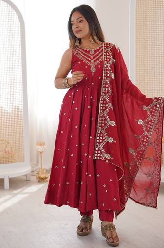 red silk blend  readymade anarkali suit with embroidery & sequence work