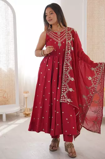 red silk blend  readymade anarkali suit with embroidery & sequence work