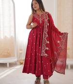 red silk blend  readymade anarkali suit with embroidery & sequence work