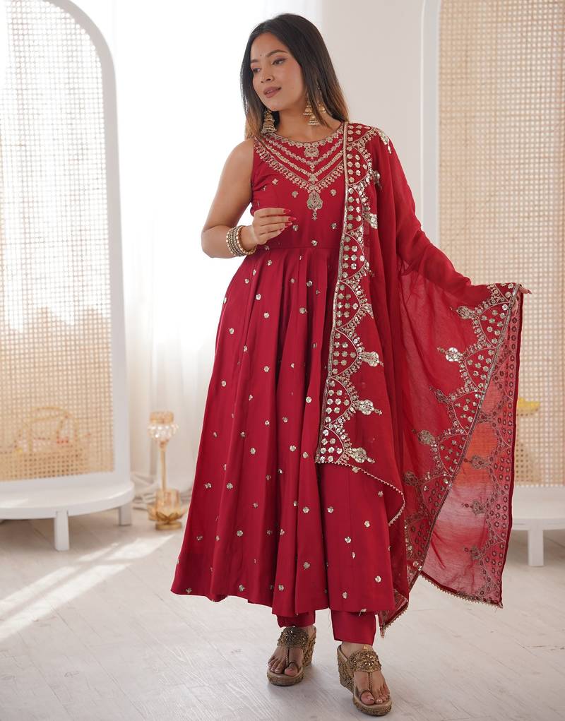 red silk blend  readymade anarkali suit with embroidery & sequence work