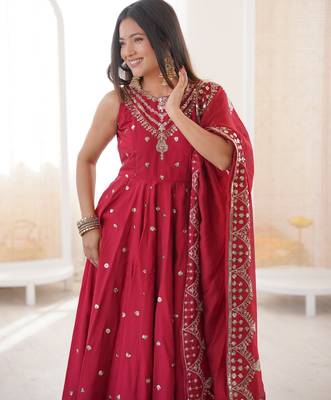 red silk blend  readymade anarkali suit with embroidery & sequence work 2