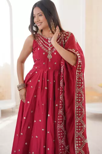 red silk blend  readymade anarkali suit with embroidery & sequence work