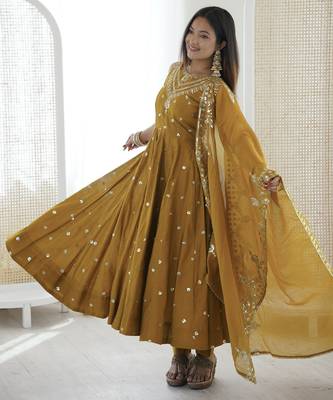 mustard silk blend  readymade anarkali suit with embroidery & sequence work 5