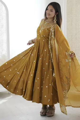 mustard silk blend  readymade anarkali suit with embroidery & sequence work