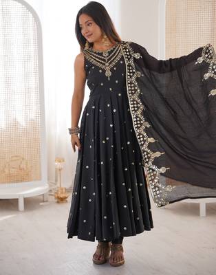 black silk blend  readymade anarkali suit with embroidery & sequence work 1