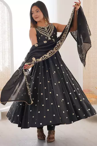 black silk blend  readymade anarkali suit with embroidery & sequence work