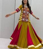 NAVRATRI WEAR GREEN COLOR COTTON FLARED LEHENGA WITH COTTON KEDIYA TOP FULL STITCHED.