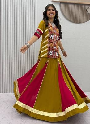NAVRATRI WEAR GREEN COLOR COTTON FLARED LEHENGA WITH COTTON KEDIYA TOP FULL STITCHED. 4