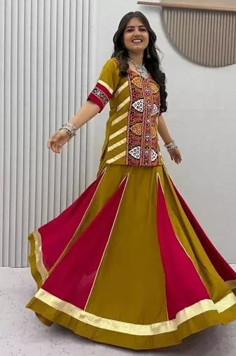 NAVRATRI WEAR GREEN COLOR COTTON FLARED LEHENGA WITH COTTON KEDIYA TOP FULL STITCHED.