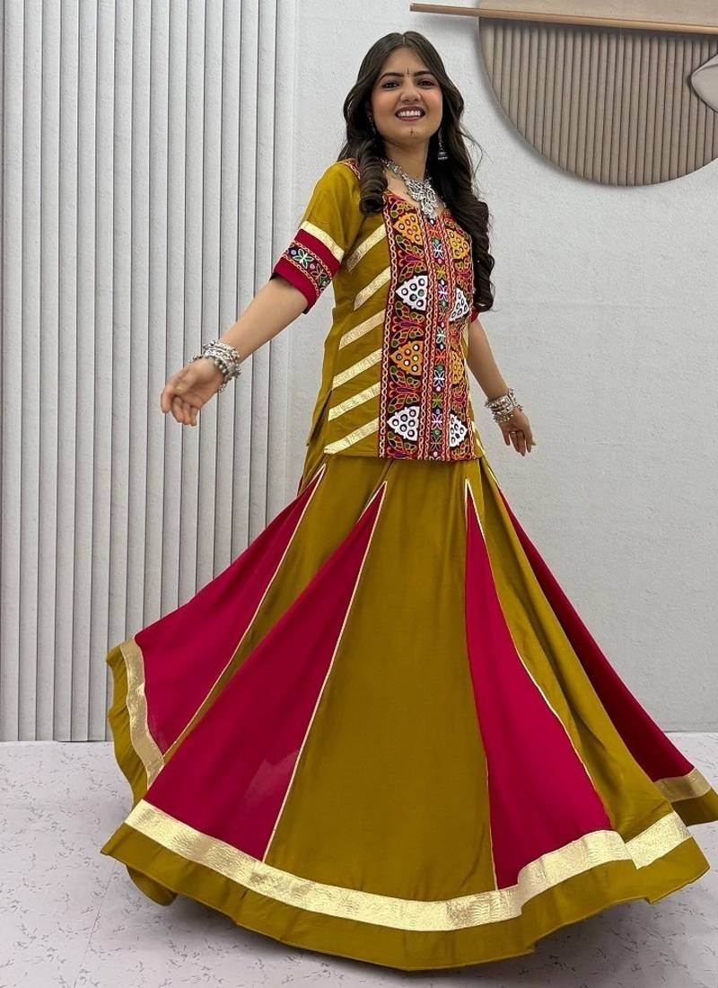 NAVRATRI WEAR GREEN COLOR COTTON FLARED LEHENGA WITH COTTON KEDIYA TOP FULL STITCHED.