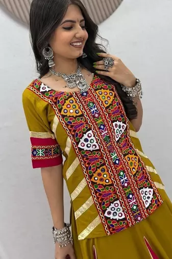 NAVRATRI WEAR GREEN COLOR COTTON FLARED LEHENGA WITH COTTON KEDIYA TOP FULL STITCHED.