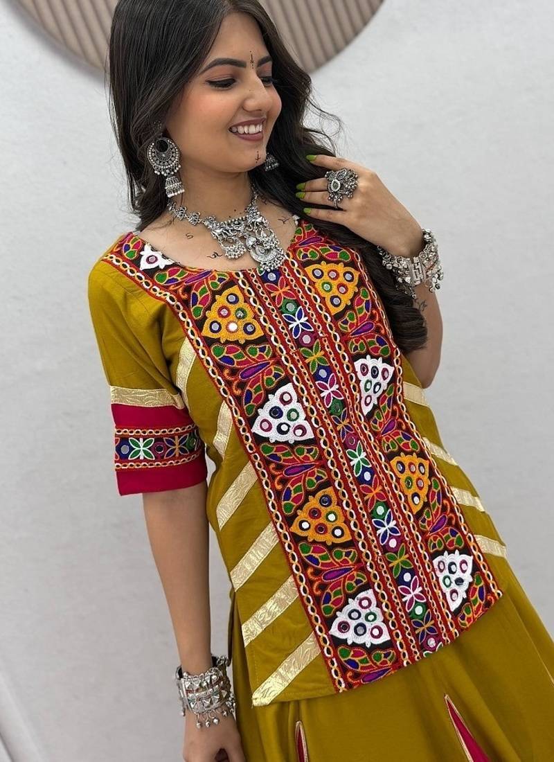 NAVRATRI WEAR GREEN COLOR COTTON FLARED LEHENGA WITH COTTON KEDIYA TOP FULL STITCHED.