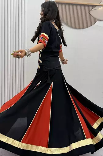 NAVRATRI  BLACK  COTTON FLARED LEHENGA WITH COTTON KEDIYA TOP