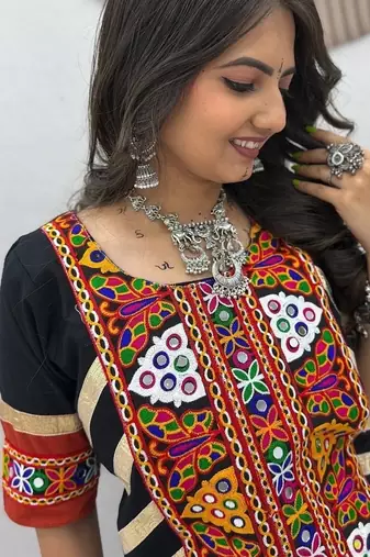 NAVRATRI  BLACK  COTTON FLARED LEHENGA WITH COTTON KEDIYA TOP
