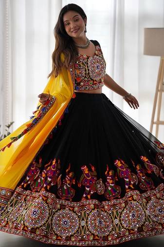 NAVRATRI  BLACK  FAUX GEORGETTE CHAIN STITCH MIRROR WORK LEHENGA CHOLI DUPATTA