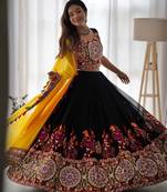 NAVRATRI  BLACK  FAUX GEORGETTE CHAIN STITCH MIRROR WORK LEHENGA CHOLI DUPATTA