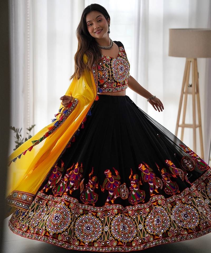 NAVRATRI  BLACK  FAUX GEORGETTE CHAIN STITCH MIRROR WORK LEHENGA CHOLI DUPATTA