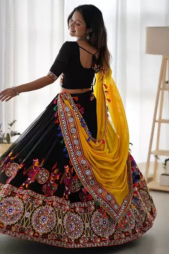 NAVRATRI  BLACK  FAUX GEORGETTE CHAIN STITCH MIRROR WORK LEHENGA CHOLI DUPATTA