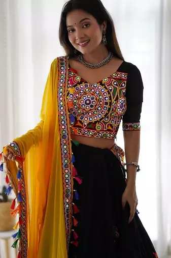 NAVRATRI  BLACK  FAUX GEORGETTE CHAIN STITCH MIRROR WORK LEHENGA CHOLI DUPATTA