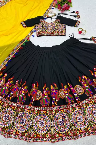 NAVRATRI  BLACK  FAUX GEORGETTE CHAIN STITCH MIRROR WORK LEHENGA CHOLI DUPATTA
