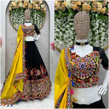 NAVRATRI  BLACK  FAUX GEORGETTE CHAIN STITCH MIRROR WORK LEHENGA CHOLI DUPATTA 6