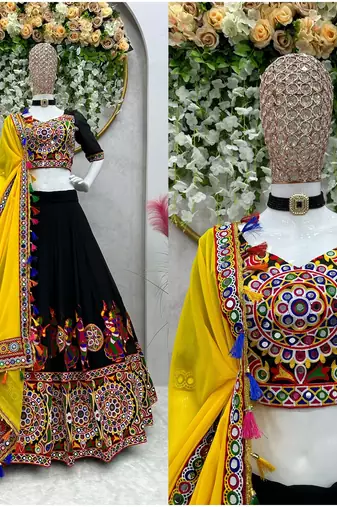 NAVRATRI  BLACK  FAUX GEORGETTE CHAIN STITCH MIRROR WORK LEHENGA CHOLI DUPATTA