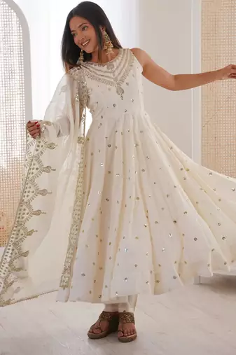 white silk blend  readymade anarkali suit with embroidery & sequence work