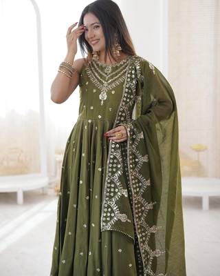 mehendi silk blend  readymade anarkali suit with embroidery & sequence work 4