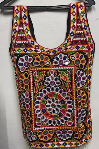 Multicolor embroidered cotton u-neck blouse