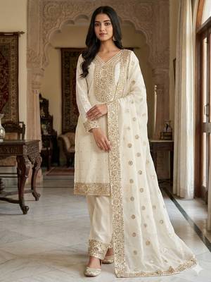 white silk blend  readymade suit with embroidery & sequence work 1
