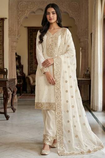 white silk blend  readymade suit with embroidery & sequence work