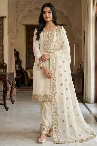 white silk blend  readymade suit with embroidery & sequence work