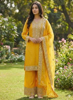 yellow silk blend  readymade suit with embroidery & sequence work 1