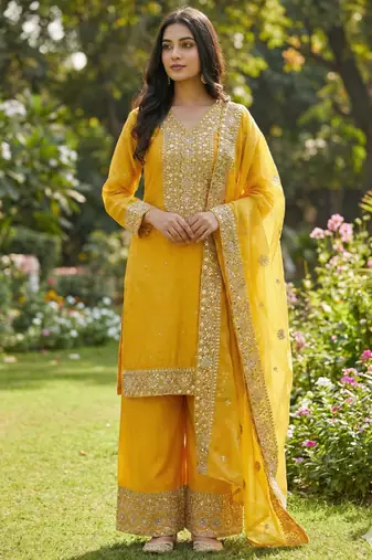 Yellow Silk Readymade Suit with Embroidery & Sequence Work