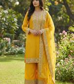 yellow silk blend  readymade suit with embroidery & sequence work