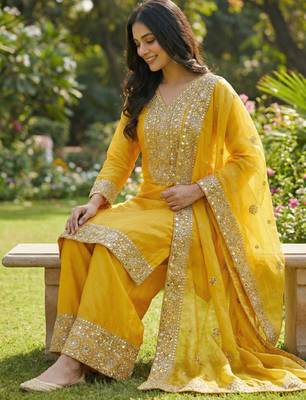 yellow silk blend  readymade suit with embroidery & sequence work 2
