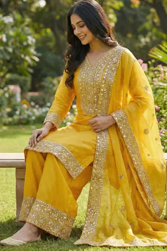 Yellow Silk Readymade Suit with Embroidery & Sequence Work