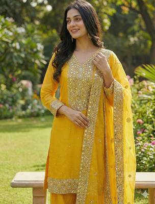 yellow silk blend  readymade suit with embroidery & sequence work 3