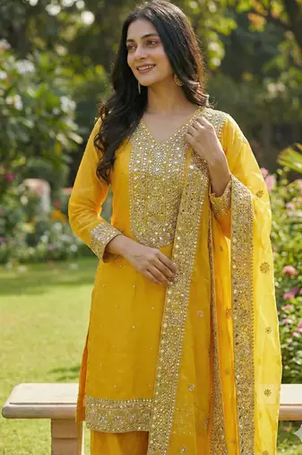 Yellow Silk Readymade Suit with Embroidery & Sequence Work