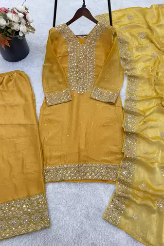 Yellow Silk Readymade Suit with Embroidery & Sequence Work