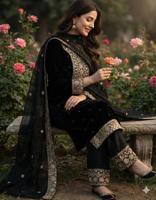 black silk blend  readymade suit with embroidery & sequence work 1