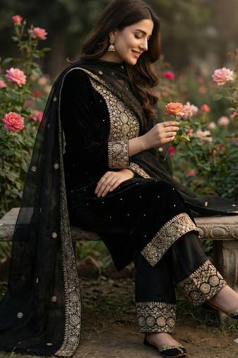 black silk blend  readymade suit with embroidery & sequence work